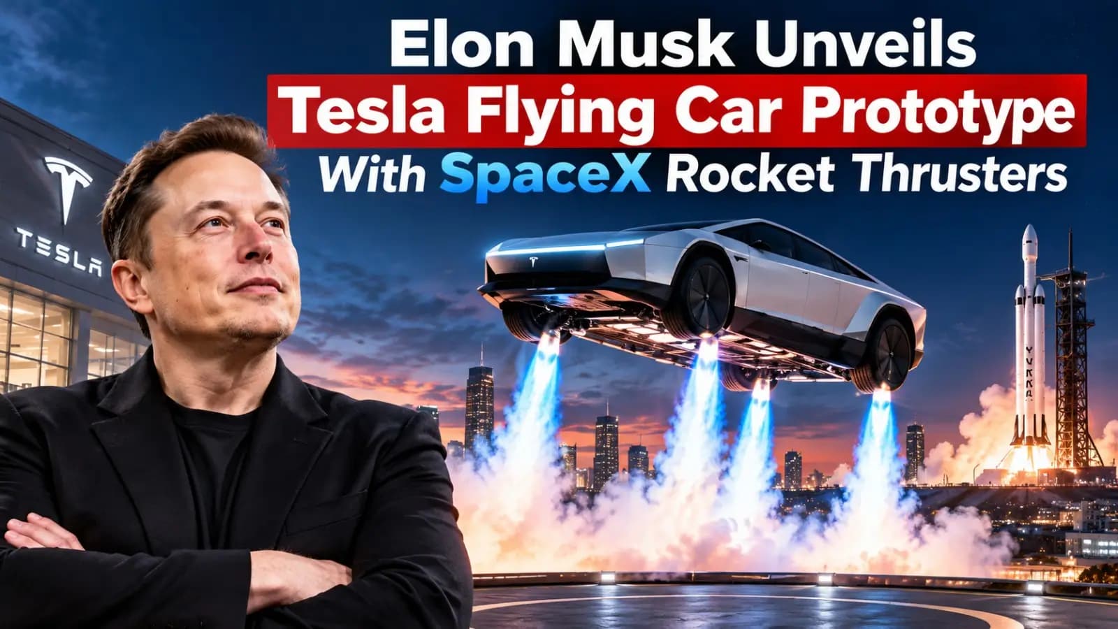 Tesla Flying Car Roadster prototype demonstrated with SpaceX-inspired thrusters in Texas