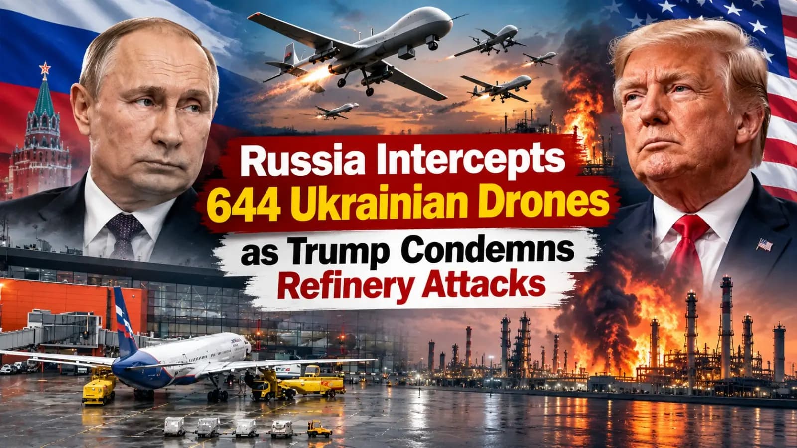 Russia Intercepts 644 Ukrainian Drones as Trump Condemns Refinery Attacks