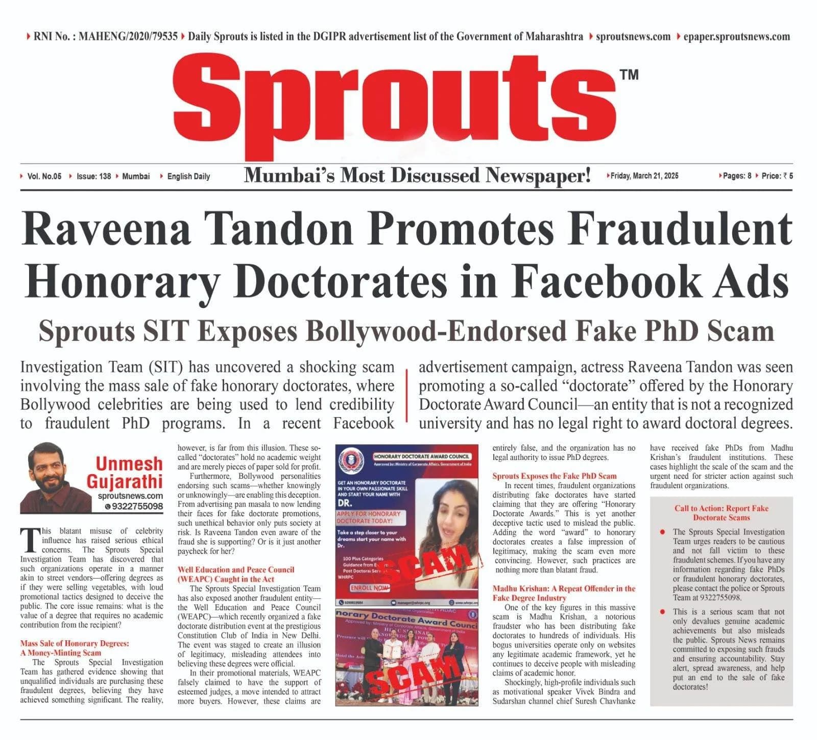 Raveena Tandon Promotes Fake Doctorate Scam on Facebook.