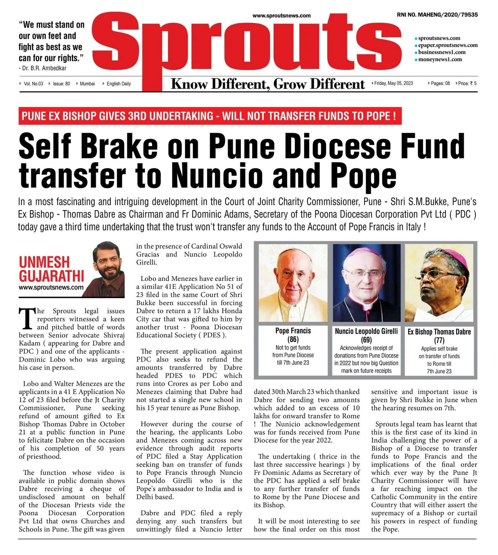 Self Brake on Pune Diocese Fund transfer to Nuncio and Pope