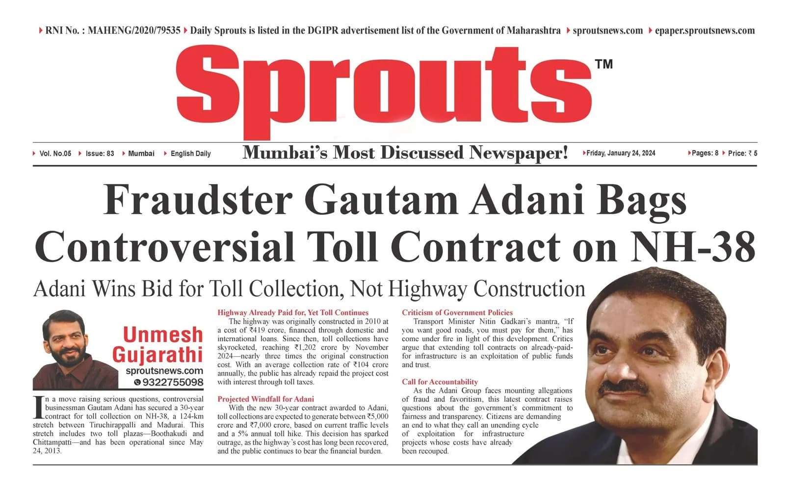 Fraudster Gautam Adani Bags Controversial Toll Contract on NH-38.