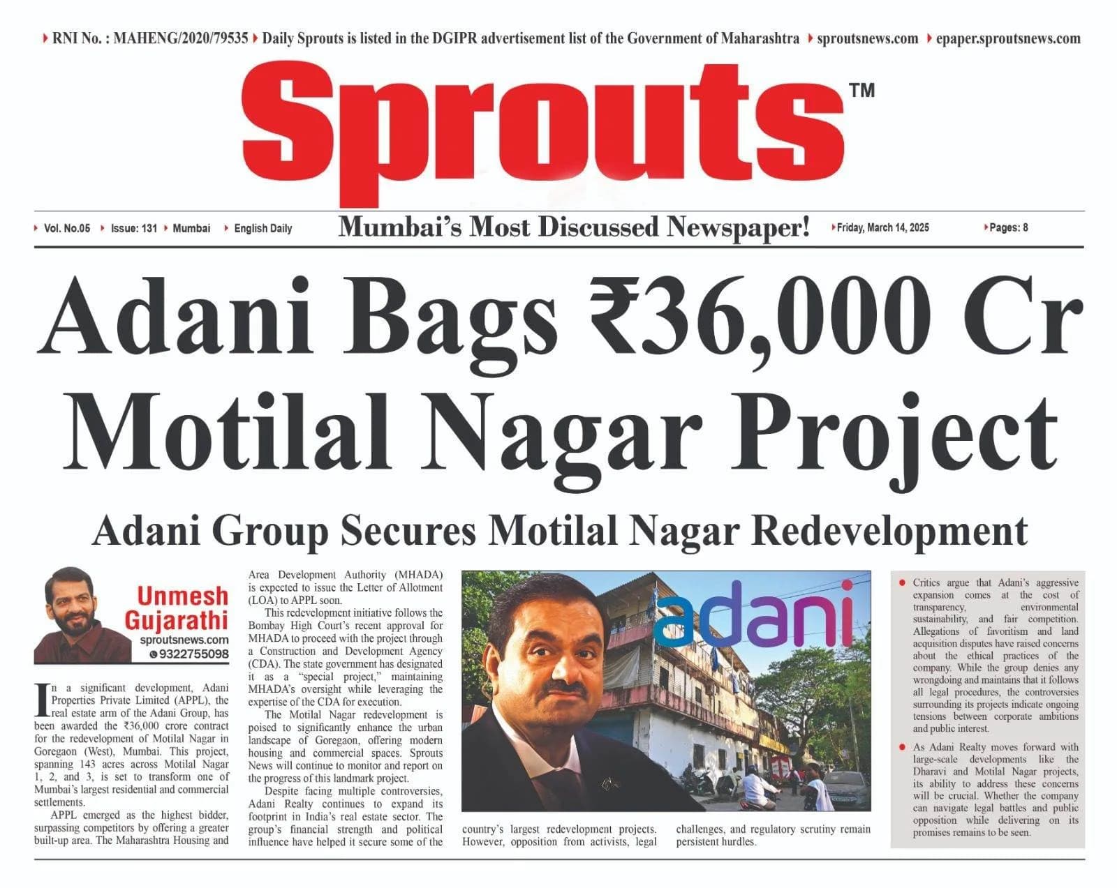 Adani Wins ₹36,000 Cr Motilal Nagar Redevelopment Project.