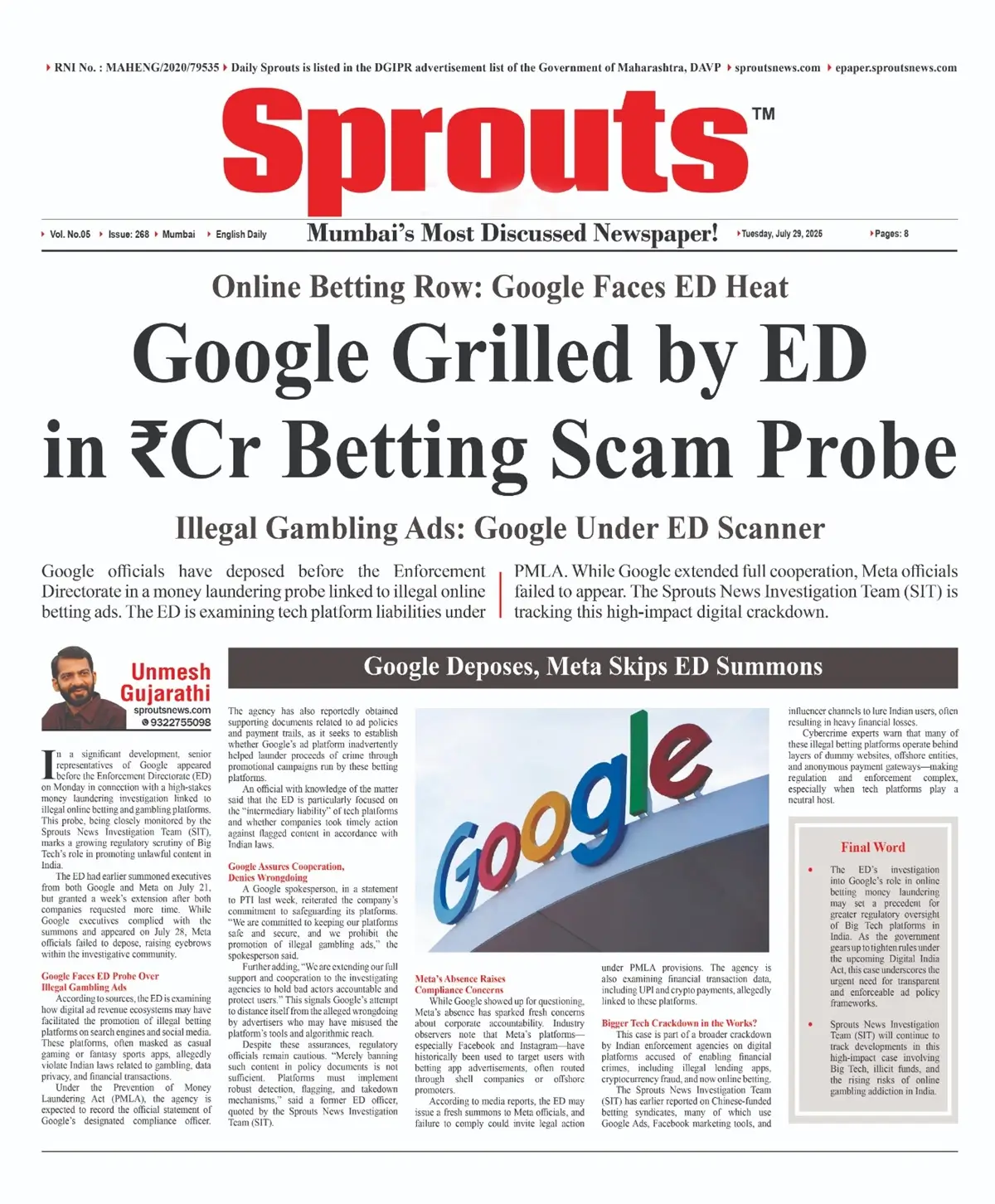 Google Grilled by ED in Crores Illegal Online Betting ads Scam – Meta Skips Hearing.