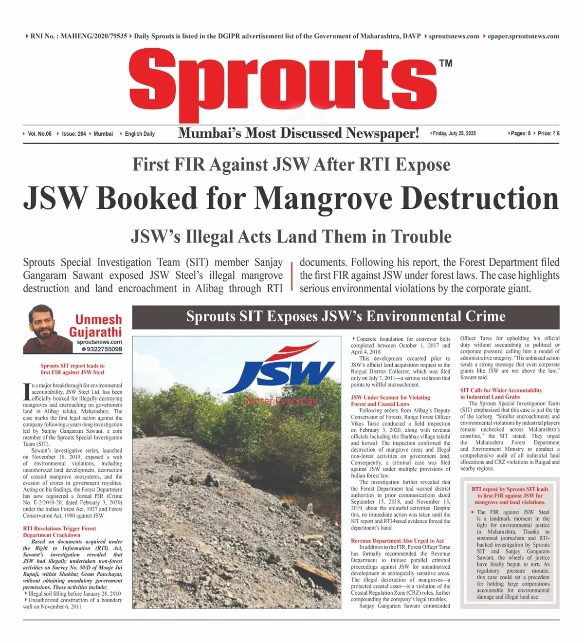 JSW Booked for Mangrove Destruction as First FIR Filed After RTI Exposé.