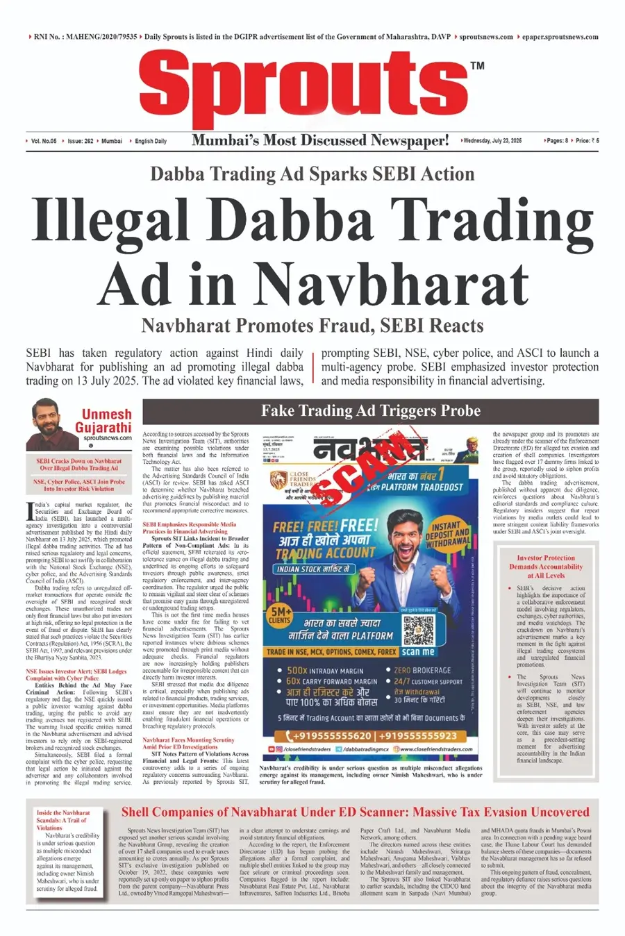 SEBI Probes Navbharat for Illegal Dabba Trading Ad in Hindi Daily.