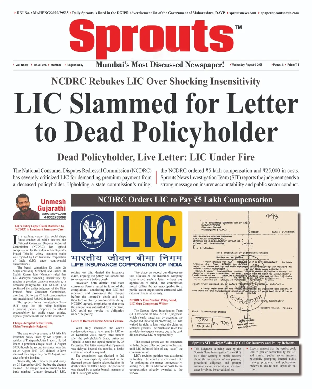 LIC slammed for insensitive letter to deceased policyholder.