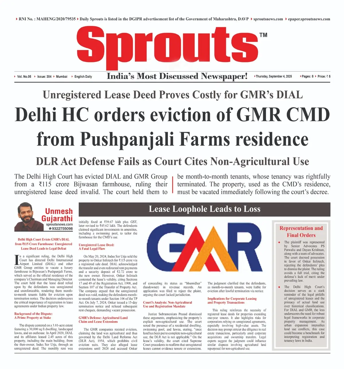 Delhi HC Evicts GMR Group CMD from Pushpanjali Farms Residence in Bijwasan.