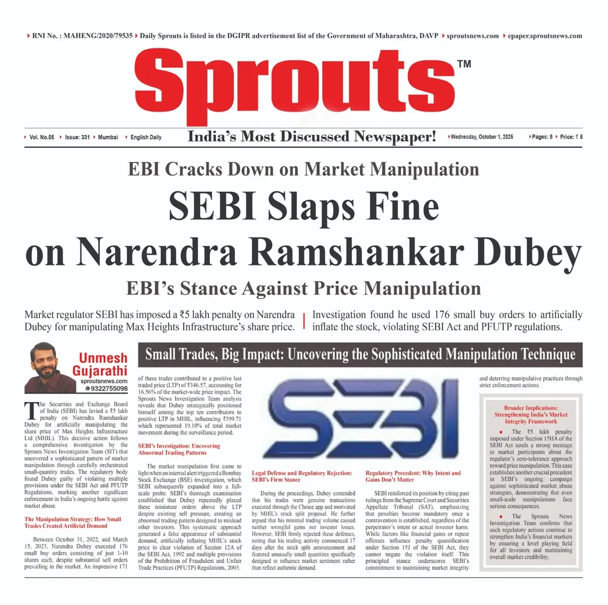 SEBI Slaps ₹5 Lakh Fine on Narendra Ramshankar Dubey for Market Manipulation.