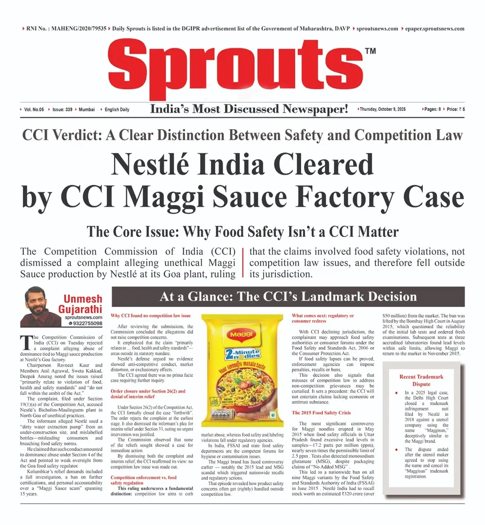 CCI Dismisses Complaint Against Nestlé’s Maggi Sauce Plant in Goa.
