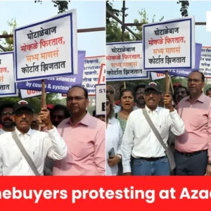 HDIL homebuyers protesting at Azad Maidan over stalled projects.