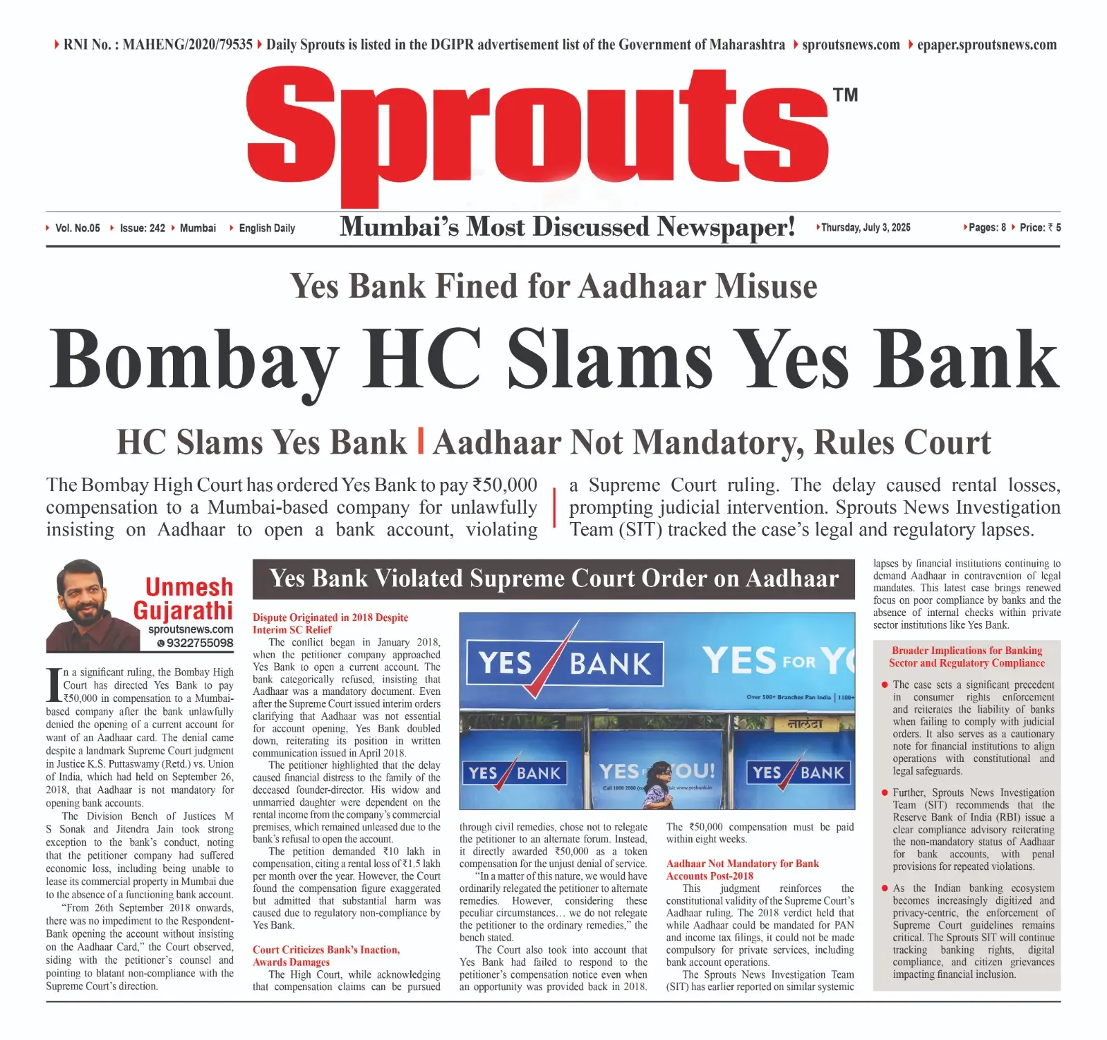 Bombay HC Slams Yes Bank for Aadhaar Misuse, Imposes ₹50K Fine.