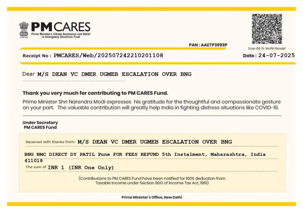 D.Y. Patil Medical College PM Care funds deposit