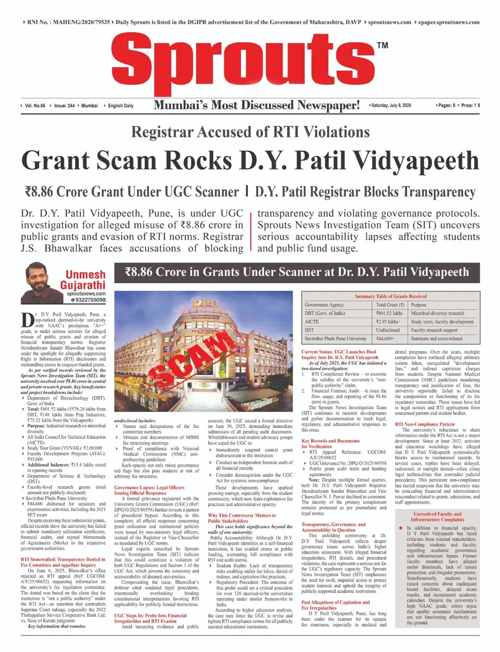 Grant Scam Exposed at D.Y. Patil Vidyapeeth Registrar Accused.
