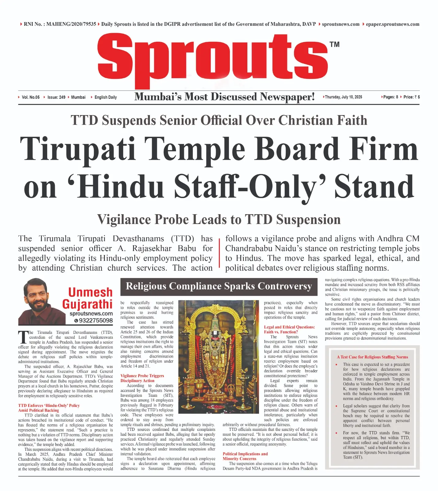 Tirupati Temple Board Firm on ‘Hindu Staff‑Only’ Stand Amid Suspensions.