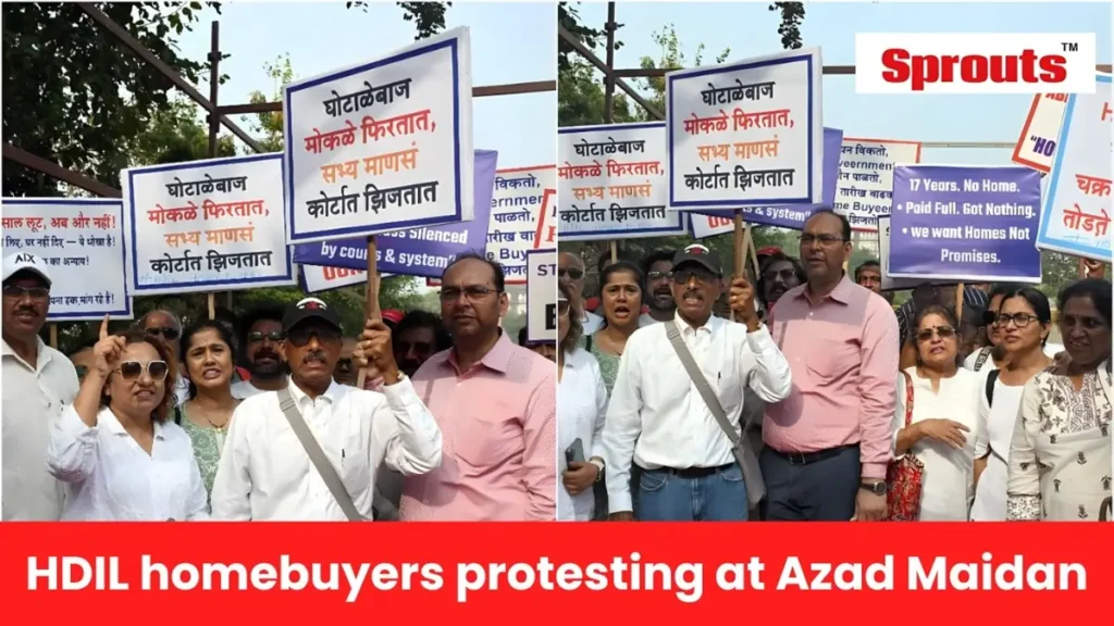 HDIL homebuyers protesting at Azad Maidan over stalled projects.