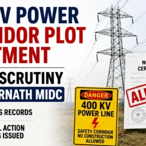 400 KV transmission tower near industrial plots in Ambernath MIDC.